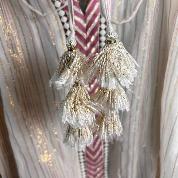 Miss June top tunic Medium peasant cover-up boho cream tassel beach sheer - Picture 7 of 11